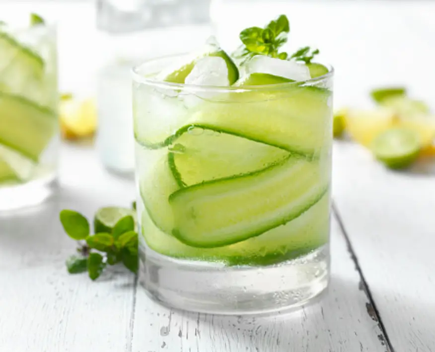 Non-alcoholic cocktail short glass with fresh cucumber
